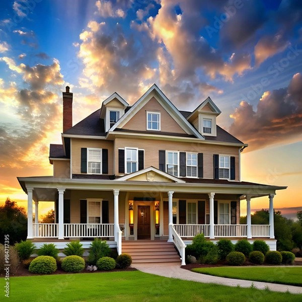 Fototapeta a house with a large front porch and a sky