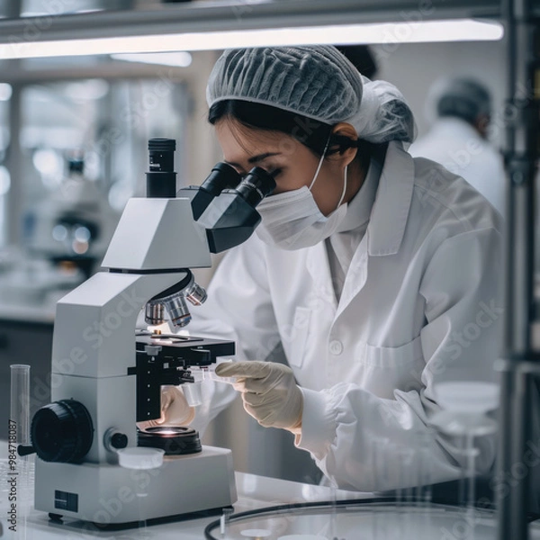 Fototapeta Crop unrecognizable female specialist in uniform with medical sample in microscope at work in laboratory.