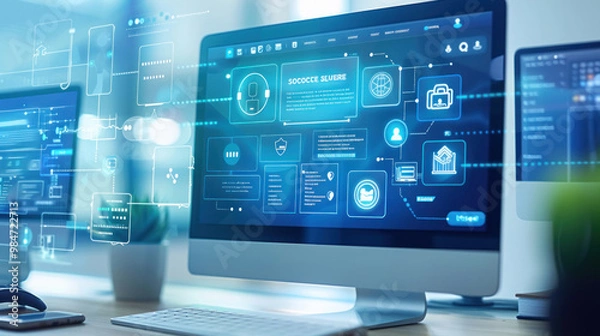 Fototapeta A user-friendly interface of the Social Security website displayed on a desktop computer, with various services available at the click of a button, emphasizing digital efficiency