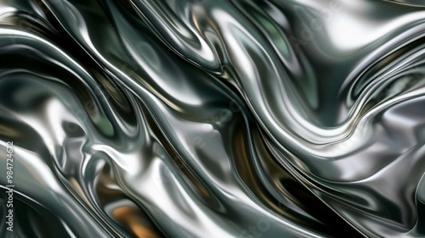 Fototapeta Abstract background with liquid metal texture. Contemporary metallic silver and green dynamic backdrop