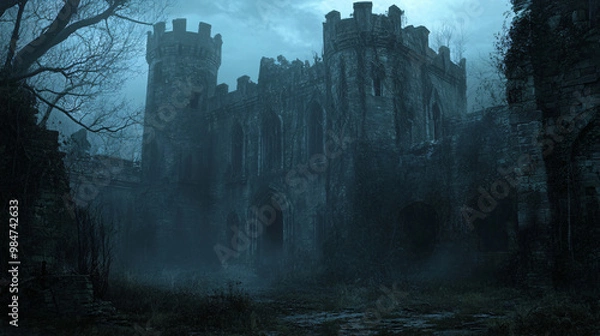 Obraz A haunted abandoned castle surrounded by a dry moat, with creeping vines covering the walls.