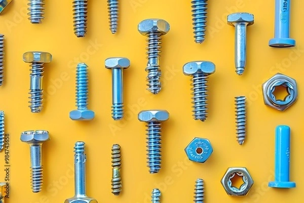 Fototapeta A Colorful Array of Various Screws and Bolts on a Bright Yellow Background