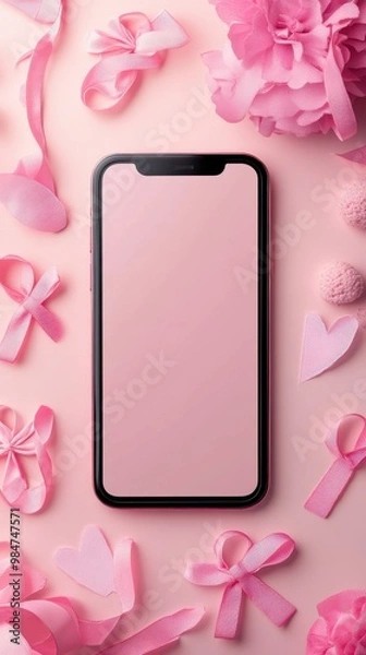 Fototapeta Mobile app screen mockup with decorative pink ribbons and flowers on a soft pastel pink background
