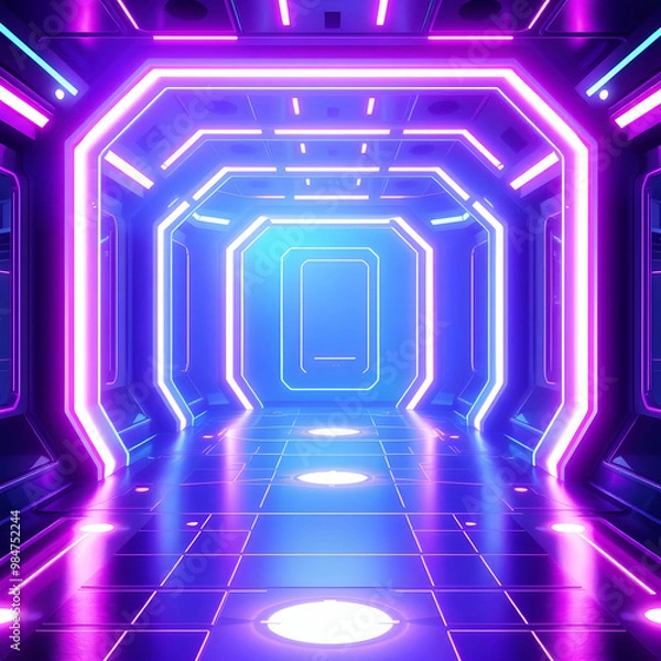 Fototapeta 3D illustration of blue and purple futuristic sci fi techno lights cool background