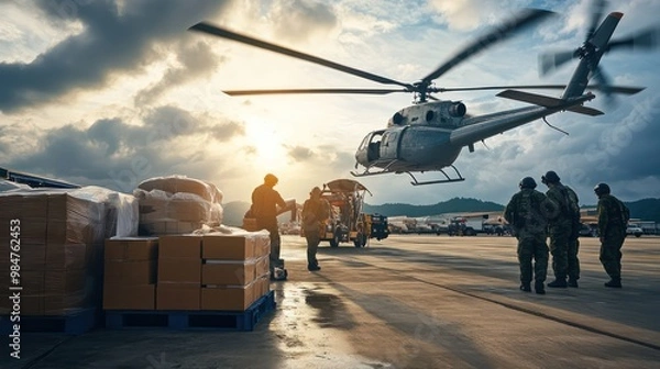 Obraz Logistics for disaster relief, showing coordinated teams unloading emergency supplies and equipment from helicopters and trucks