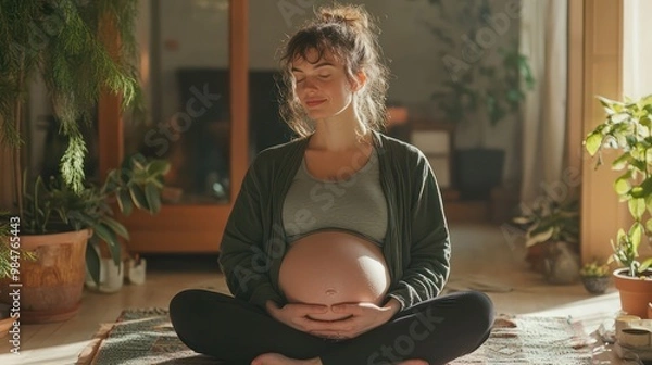 Fototapeta Meditation for pregnancy and birth, a pregnant woman sitting in a serene space, practicing mindfulness for relaxation