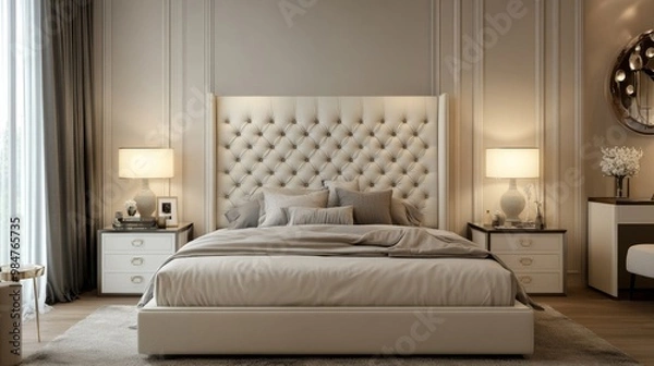 Fototapeta A well-designed bedroom featuring a stylish bed with a tufted headboard, complemented by elegant bedside lamps and a minimalist decor.