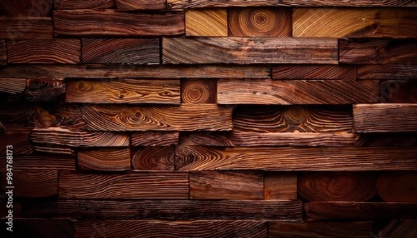 Fototapeta  Brown rustic wood plank texture background. Natural timber grain pattern. Dark stained wooden block wall. Vintage aged lumber. Horizontal abstract design. Warm earthy tones. Seamless texture backdrop