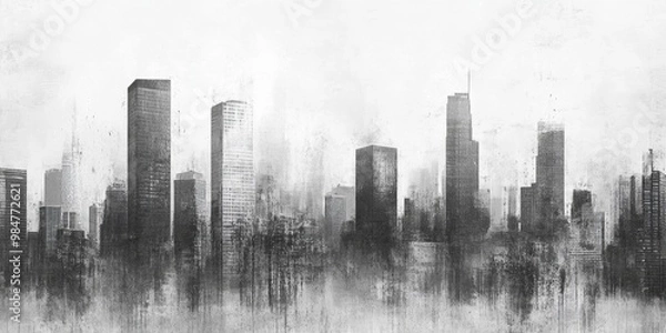 Obraz This artwork presents a stunning abstract representation of a bustling city skyline, showcasing contrasting shades of black, white, and grey that beautifully evoke modern architectural aesthetics