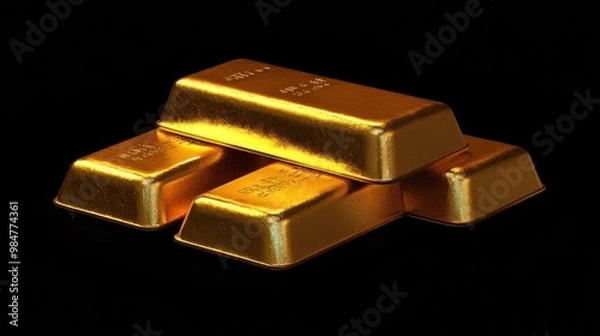 Fototapeta Four gleaming gold bars stacked elegantly against a black background, symbolizing wealth and luxury.