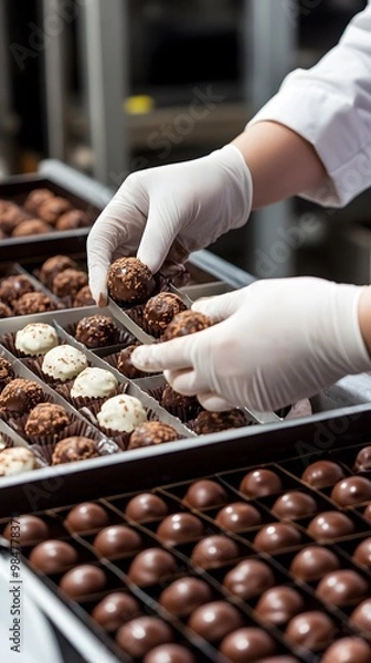 Obraz A chocolate factory worker's hands in white gloves placing chocolate truffles into black boxes, with chocolate bonbons in the background