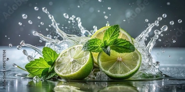 Obraz Refreshing Lime and Mint Soak Dynamic Close-up of Fresh Green Slices with Water Splash, Cool Tones, Studio Setting for Beverage Advertisements