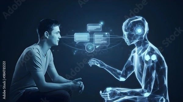 Fototapeta Man Interacting with Holographic  Chatbot