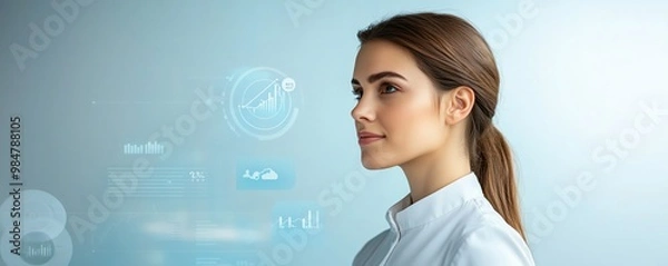 Fototapeta Businesswoman analyzing scalability metrics on a digital dashboard, surrounded by growth projections and cloudbased tools