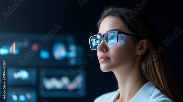 Fototapeta Businesswoman using cloudbased software with holographic graphs and digital tools symbolizing scalable business solutions