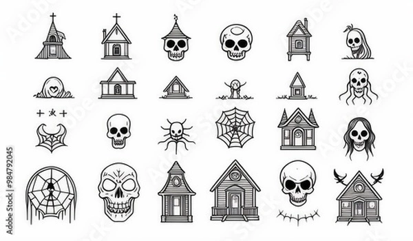 Fototapeta set of church. set of icons hallower black and white