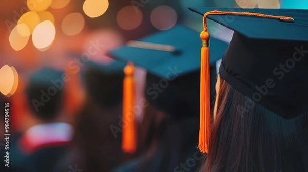 Fototapeta Close-up of blurred college students wearing black caps and tassels during graduation ceremony, bokeh effect