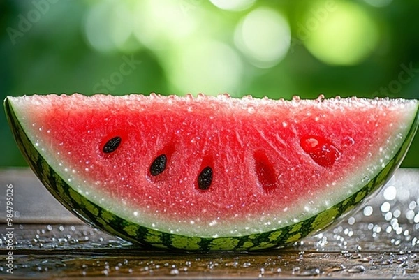 Fototapeta A close-up of a juicy watermelon slice, with droplets of water glistening in the summer sun