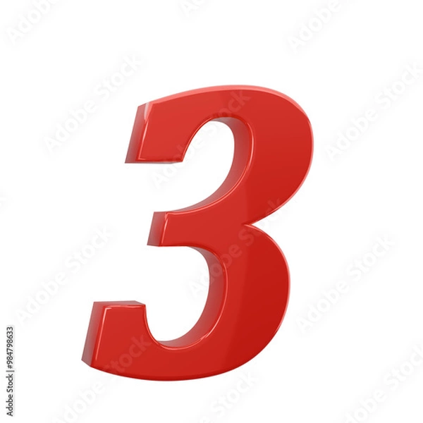 Fototapeta A 3D red number 3  isolated on transparency PNG background, great for use in educational materials, presentations, countdowns, or graphic design projects to highlight the number three,