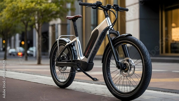 Fototapeta A modern, sleek e-bike with a step-through frame, designed for easy access and comfort. The bike has a stylish, minimalist design with a prominent front wheel and a sleek seat, parked on a city street