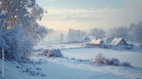 Fototapeta Frosty morning with a blanket of snow over a quiet village.