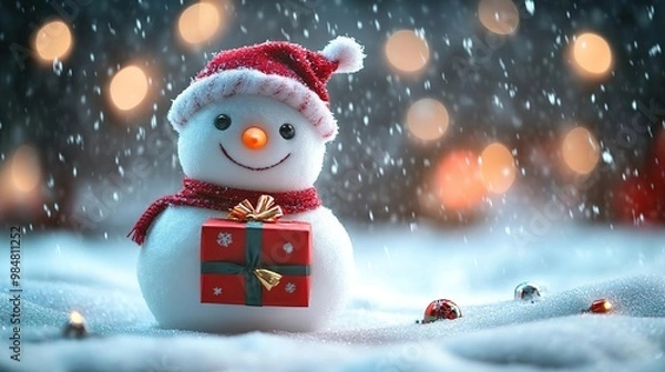 Fototapeta Cheerful snowman with a red hat and scarf, holding a gift surrounded by falling snow and festive lights - perfect for Christmas.