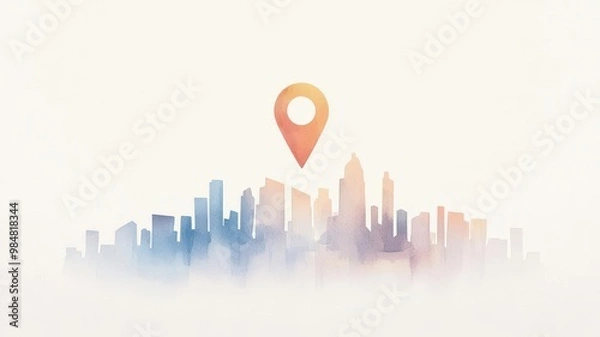 Fototapeta A colorful watercolor illustration of a location pin above a cityscape, symbolizing navigation and mapping