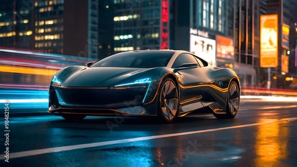 Fototapeta A sleek black electric car gliding down a city street at night, showcasing its aerodynamic design and futuristic appeal.
