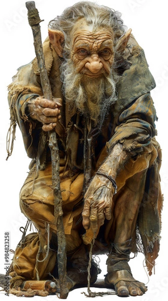 Obraz A close-up portrait of an old, weathered goblin, holding a stick, posing against a white background.