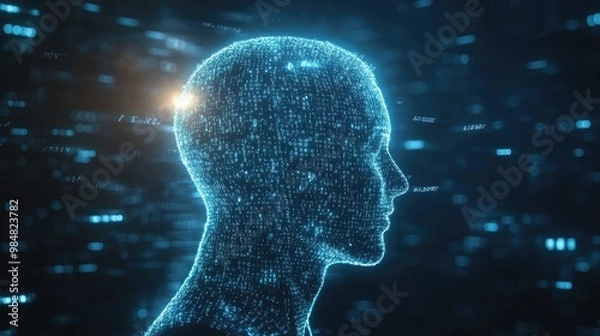 Fototapeta Digital human head made of binary code.