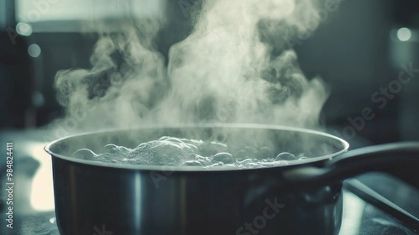 Fototapeta A close-up of a pot with water at a rolling boil, with the steam creating a hazy effect and the surrounding kitchen counter slightly blurred.