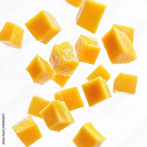 Obraz Cubes of ripe mango suspended in mid-air, isolated on a white background.
