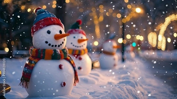 Fototapeta A group of snowmen with colorful scarves and hats, standing in a snow-covered park with holiday lights glowing nearby.