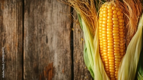 Fototapeta A close-up of fresh, golden corn on the cob, with its husks partially removed to reveal the plump kernels, set against a clean, rustic wooden background.