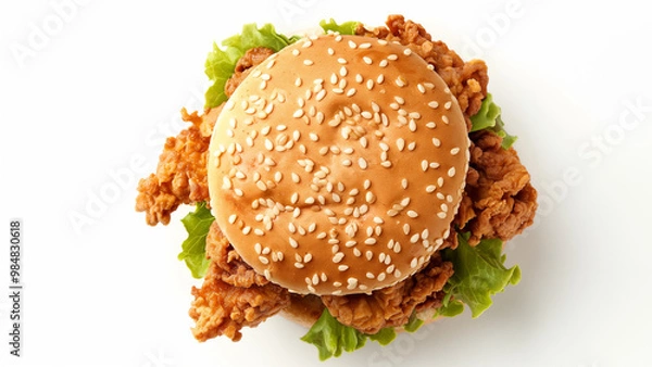 Fototapeta Top view of a crispy fried chicken sandwich with lettuce and sesame seed bun on a white background.