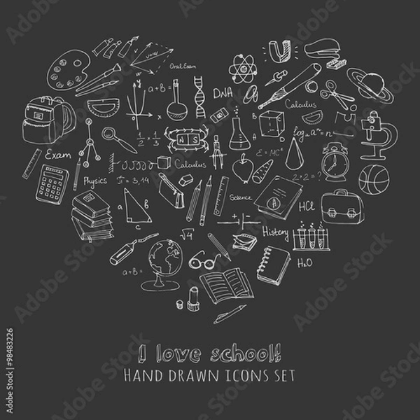 Fototapeta Freehand drawing school items, Back to School. Hand drawing set of school supplies sketchy doodles vector illustration, doodles, science, physics, calculus, oral exam, history, biology