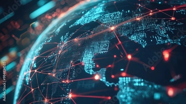 Fototapeta A conceptual image of a globe with interconnected digital lines and nodes, representing a global digital network, with glowing points showing connectivity across the world.