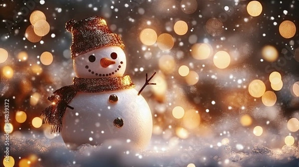 Fototapeta A minimalist Snowman featuring brown shiny decorations and glowing lights, creating a festive atmosphere.