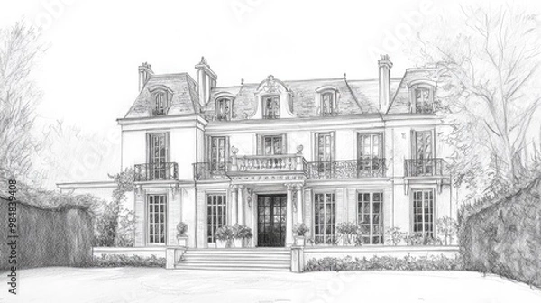 Fototapeta A pencil sketch of a classic French mansion with a symmetrical facade, multiple windows, a grand entrance, and a garden.