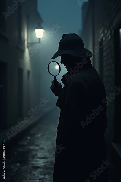 Fototapeta Detective with a magnifying glass in silhouette, mysterious mood, in a foggy alley