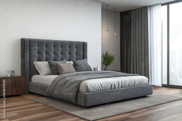 Obraz A bedroom with a large bed, a nightstand, and a potted plant, generative ai image