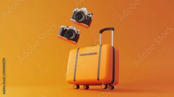 Fototapeta Orange suitcase with two cameras floating above it on an orange background.