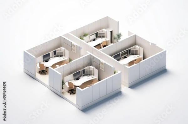 Fototapeta Isometric view of a modern office space with four workstations, each with a desk, chair, and computer monitor, against a white background.