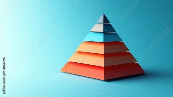 Fototapeta A pyramid with a blue base and orange and red sides is displayed on a blue background. The pyramid is a visual representation of a hierarchy or a pyramid structure, which is often used in business