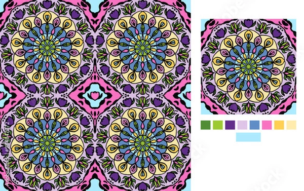 Fototapeta Reflecting Floral Mandala Pattern, Vector Seamless Repeating Pattern Graphi Tile