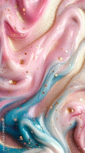 Obraz Close-up of glitter and pastel pink, blue, and gold liquid swirls layered on top of each other.
