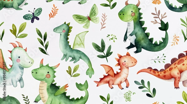Fototapeta A collection of whimsical dinosaur illustrations surrounded by green leaves, featuring different species in vibrant colors, ideal for children artwork or accessories - Generative AI