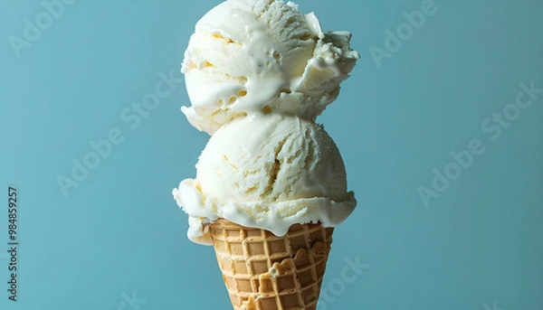 Fototapeta Two scoops of Vanilla ice cream on top ice cream cone blue background