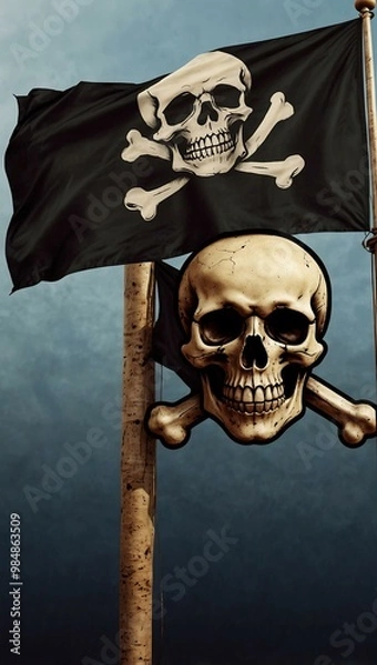 Fototapeta Pirate flags waving with skull and crossbones design.