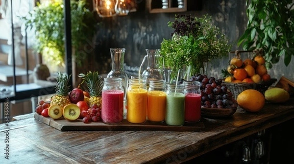 Fototapeta A rustic wooden table with a selection of homemade fruit smoothies in glass jars, surrounded by whole fruits and natural ingredients, creating a healthy and inviting atmosphere.